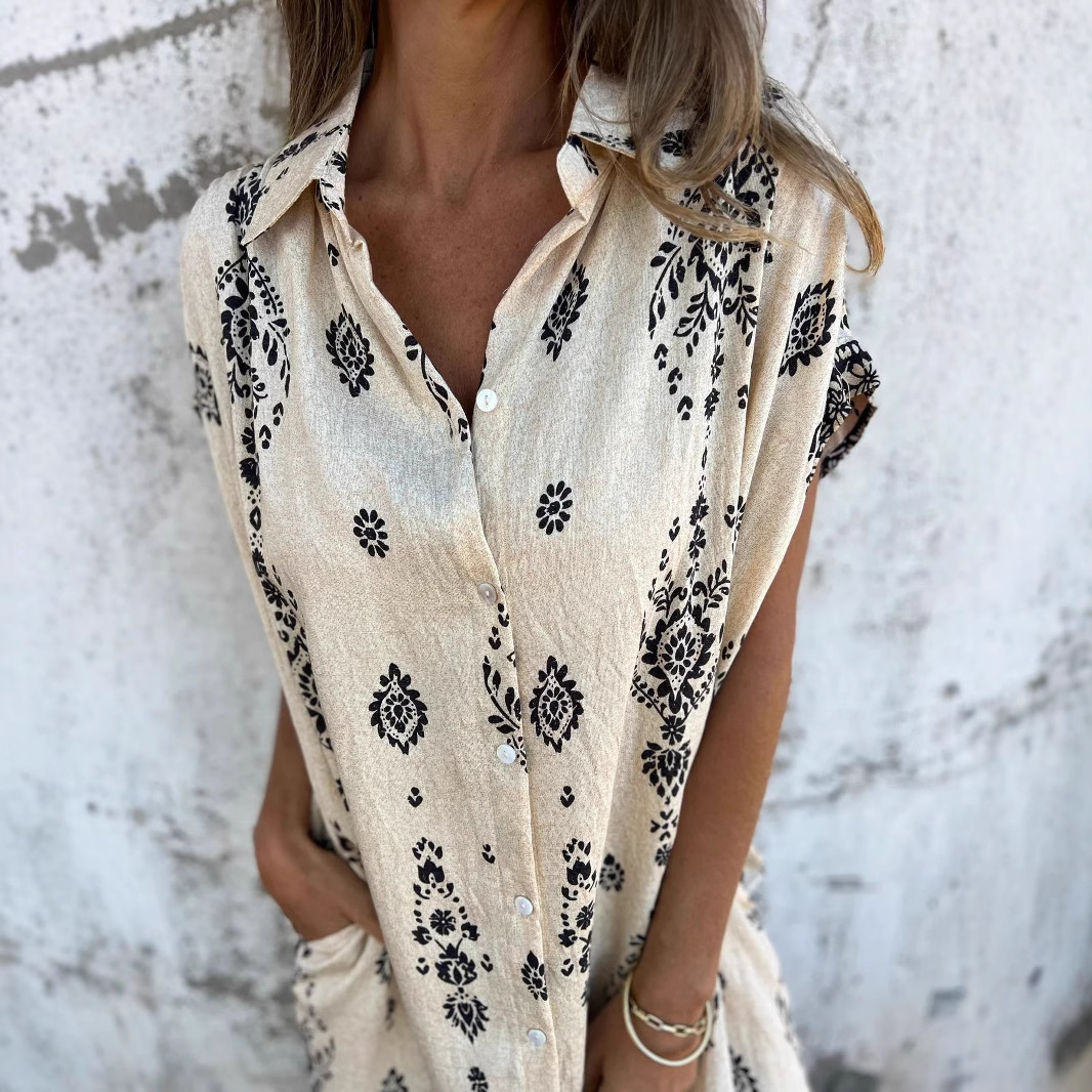 Loose Lapel Sleeveless Shirt Dress With Button Fashion Ethnic-style Printed Button Dresses For Beach – Image 2