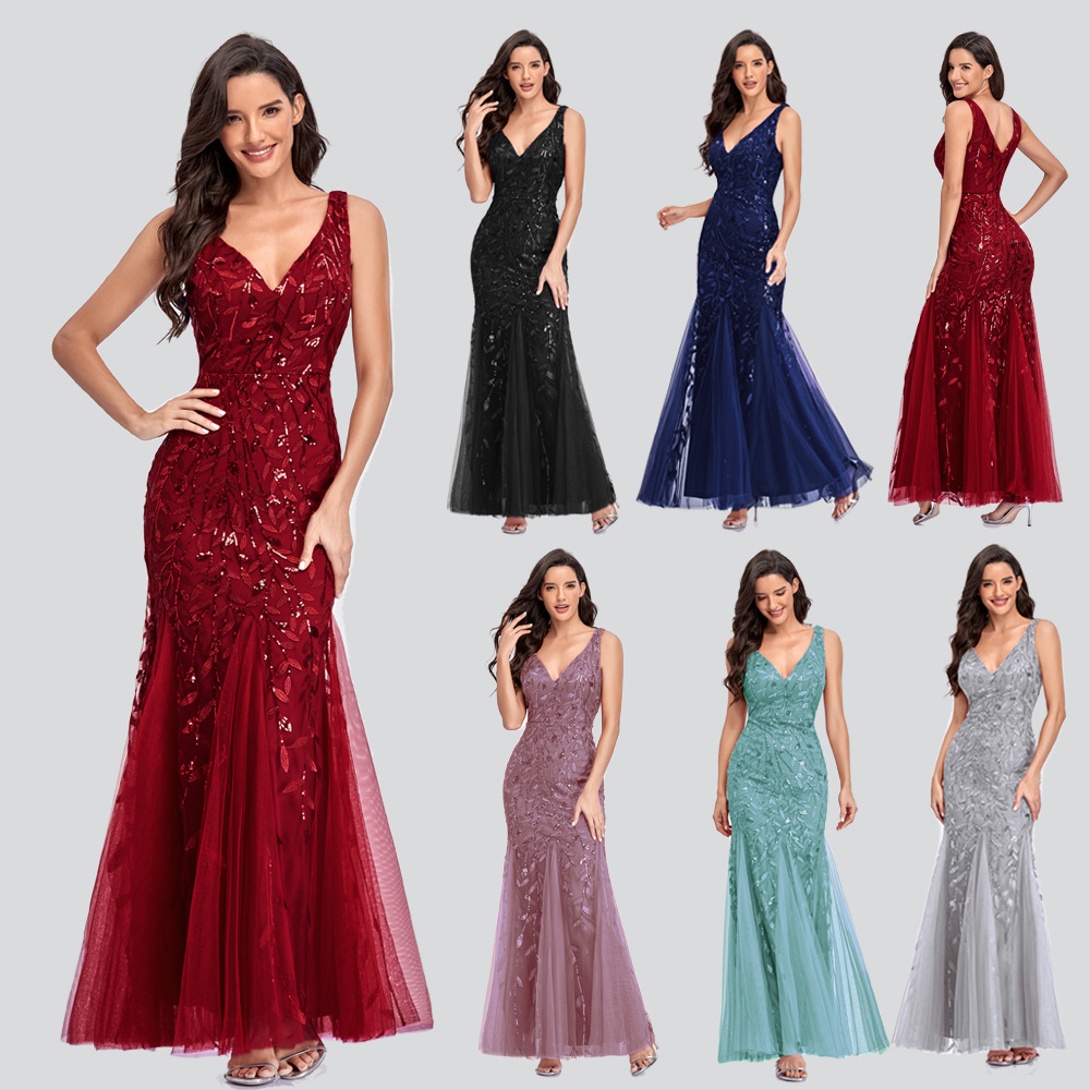 Sexy Long Dress Sleeveless V-neck Embroidered Sequin Slim Mermaid Dress – Image 2