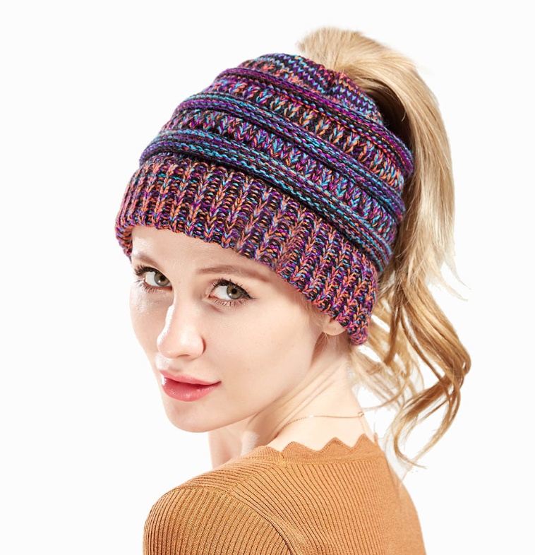 Mixed Color Knitted Wool Hat Ladies Non-labeled Ponytail Hat – Image 10