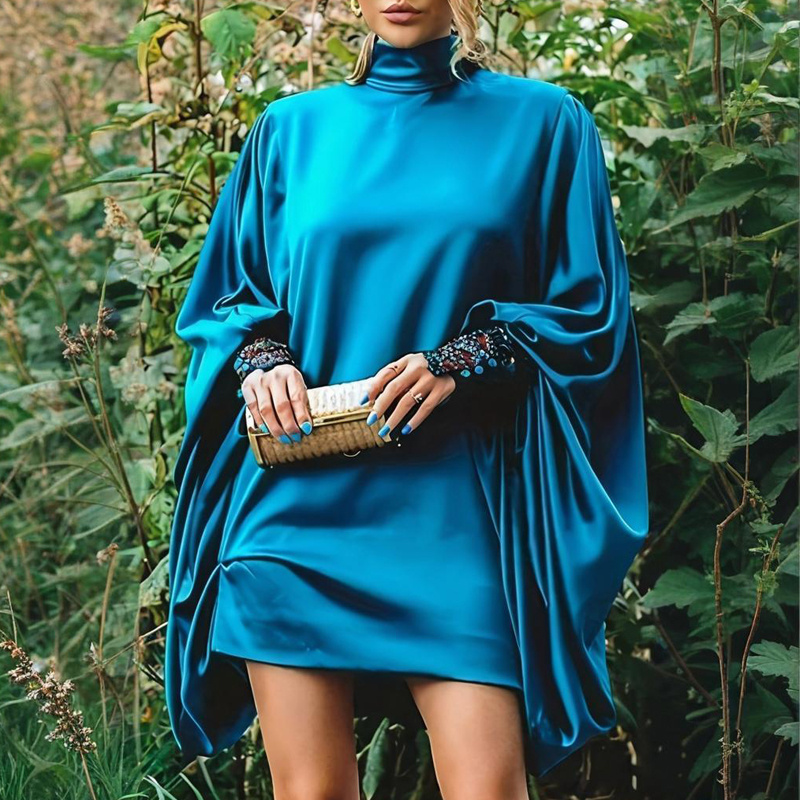 Plus Size Women's Solid Color High Neck Lantern Sleeve Dress - Elegant Evening Gown For Spring&Summer – Image 9