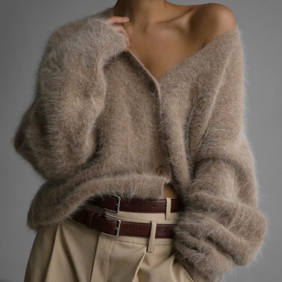 Loose V-neck Button Cardigan Fall Winter Fashion Single Breasted Knitted Sweater Top Women's Clothing – Image 7