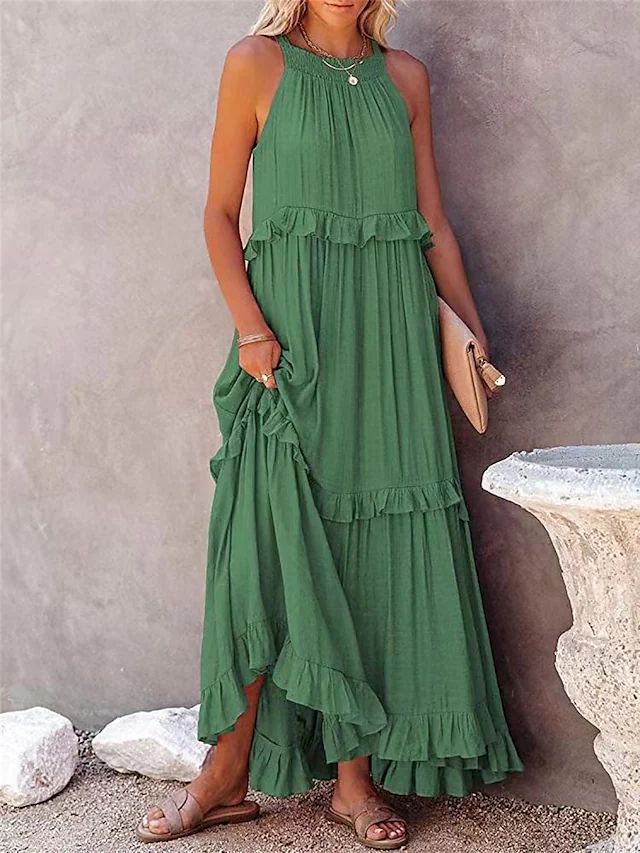 Summer Vacation Style Halter Neck Long Dresses Women Fashion Backless Leace-up Loose Ruffles Beach Dress Elegant Ladies Vestidos – Image 5