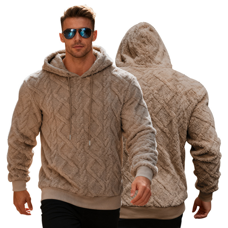Plush Hooded Sweatshirt Winter Warm Long-sleeved Pullover Top Men's Casual Solid Color Fleece Hoodie Clothing – Image 2