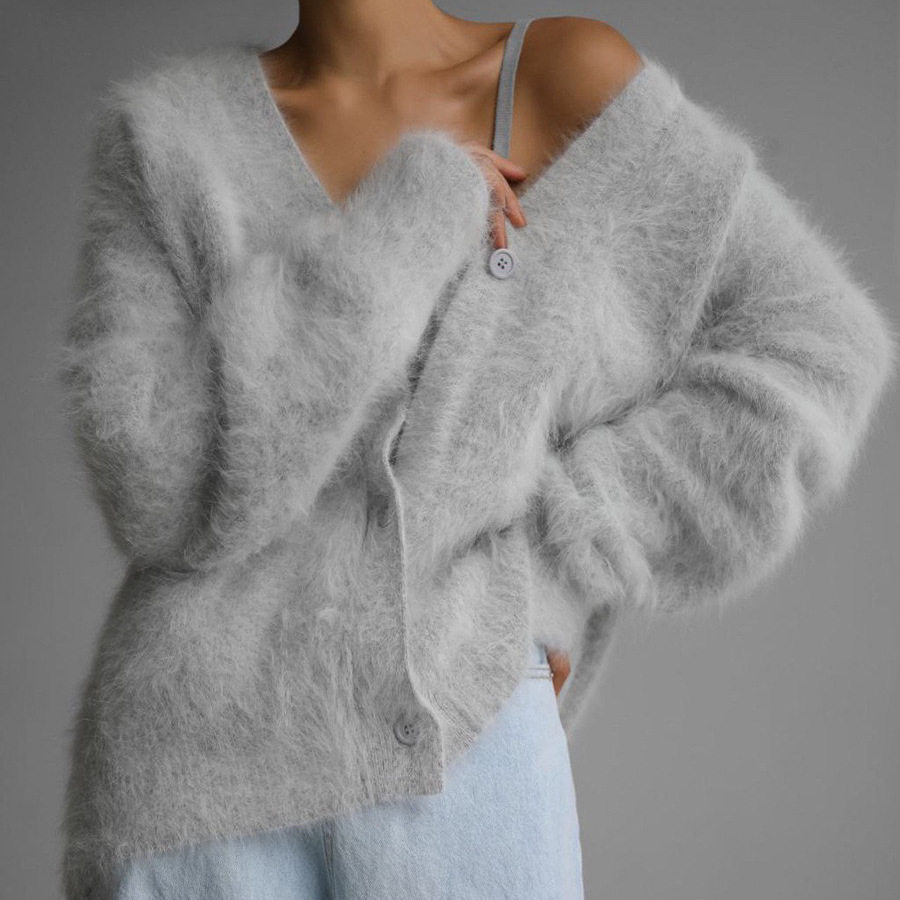 Loose V-neck Button Cardigan Fall Winter Fashion Single Breasted Knitted Sweater Top Women's Clothing – Image 8