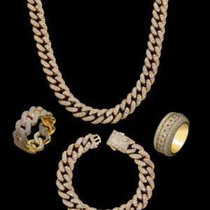 13mm Cuban Link Chain Spring Release Buckle Alloy Full Diamond Necklace Bracelet