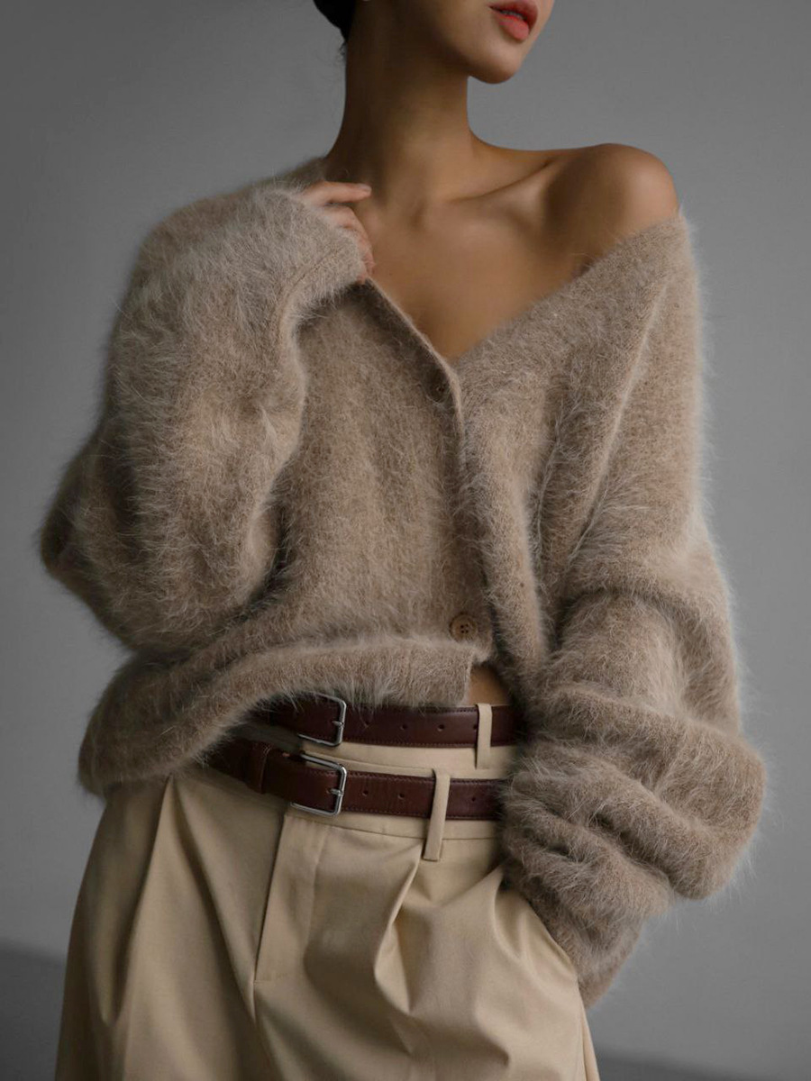 Loose V-neck Button Cardigan Fall Winter Fashion Single Breasted Knitted Sweater Top Women's Clothing – Image 2