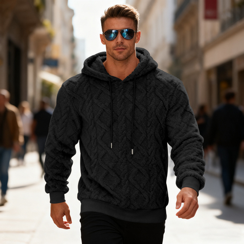 Plush Hooded Sweatshirt Winter Warm Long-sleeved Pullover Top Men's Casual Solid Color Fleece Hoodie Clothing – Image 6