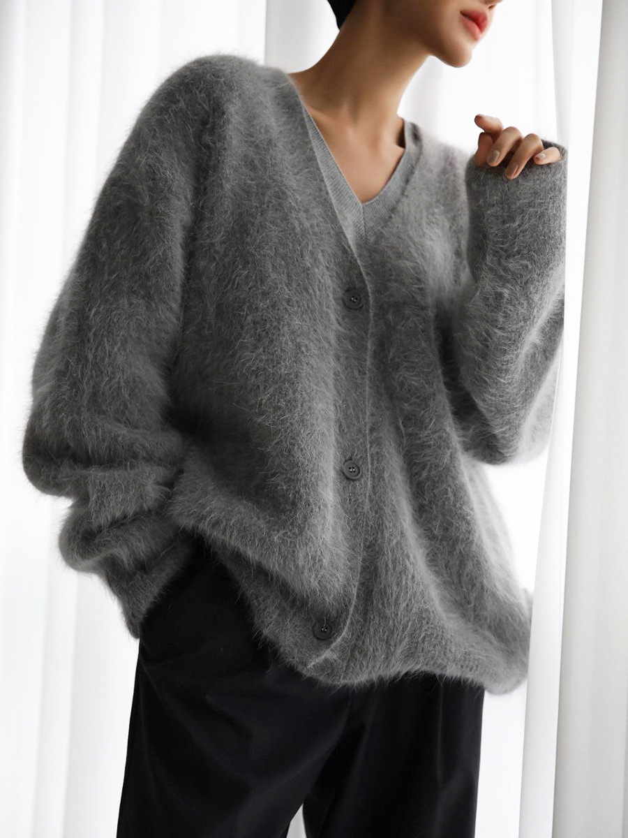 Loose V-neck Button Cardigan Fall Winter Fashion Single Breasted Knitted Sweater Top Women's Clothing – Image 4