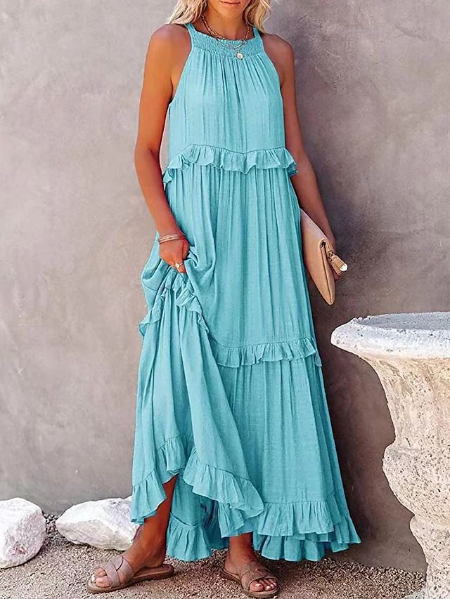 Summer Vacation Style Halter Neck Long Dresses Women Fashion Backless Leace-up Loose Ruffles Beach Dress Elegant Ladies Vestidos – Image 10