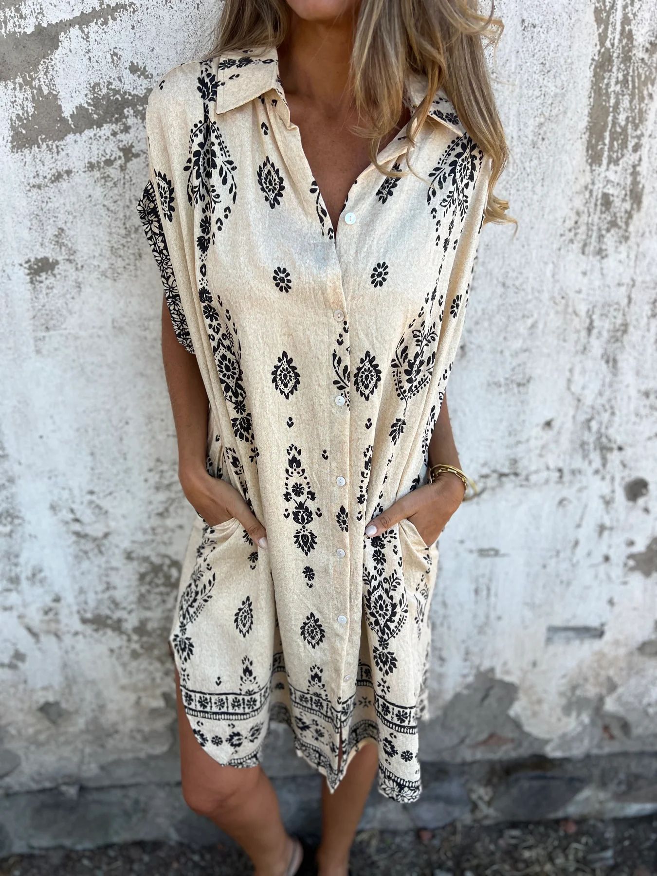 Loose Lapel Sleeveless Shirt Dress With Button Fashion Ethnic-style Printed Button Dresses For Beach – Image 6