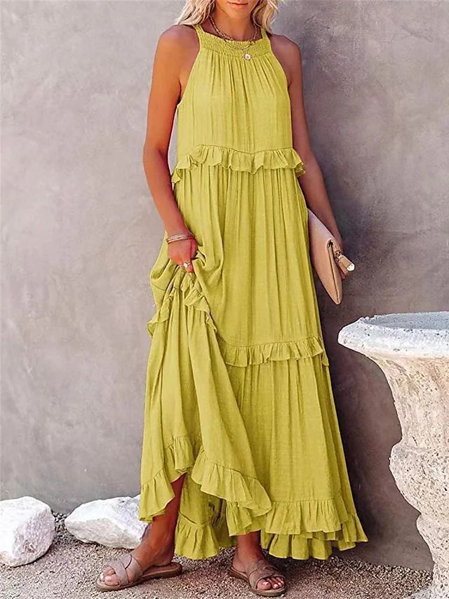 Summer Vacation Style Halter Neck Long Dresses Women Fashion Backless Leace-up Loose Ruffles Beach Dress Elegant Ladies Vestidos – Image 4