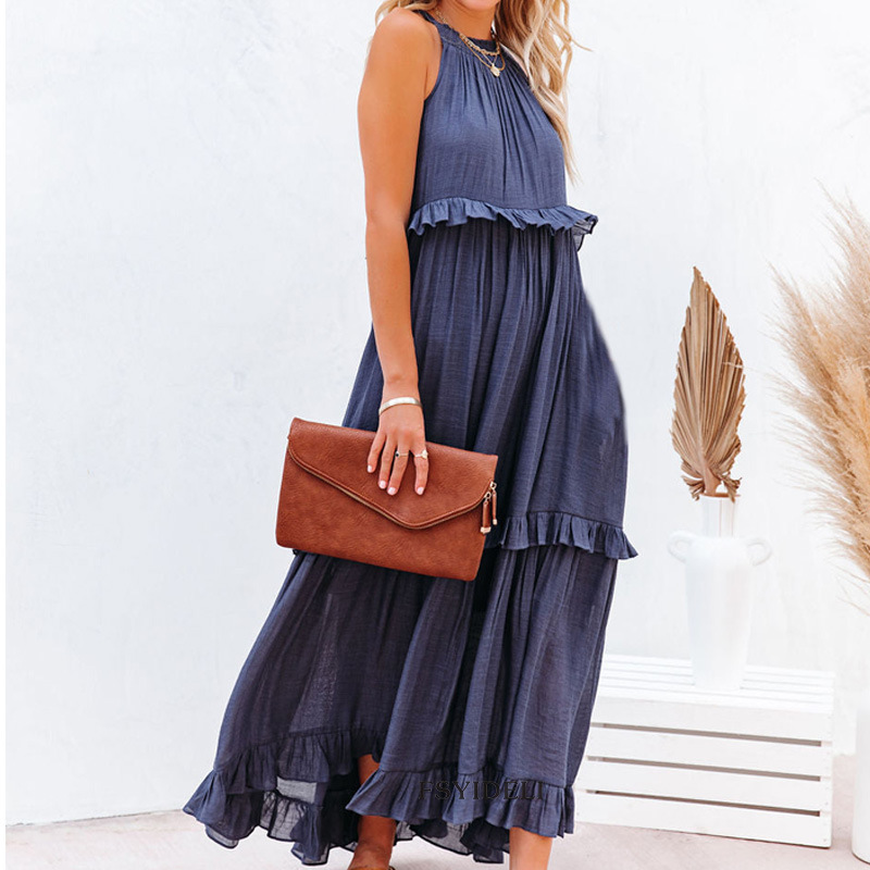 Summer Vacation Style Halter Neck Long Dresses Women Fashion Backless Leace-up Loose Ruffles Beach Dress Elegant Ladies Vestidos – Image 9