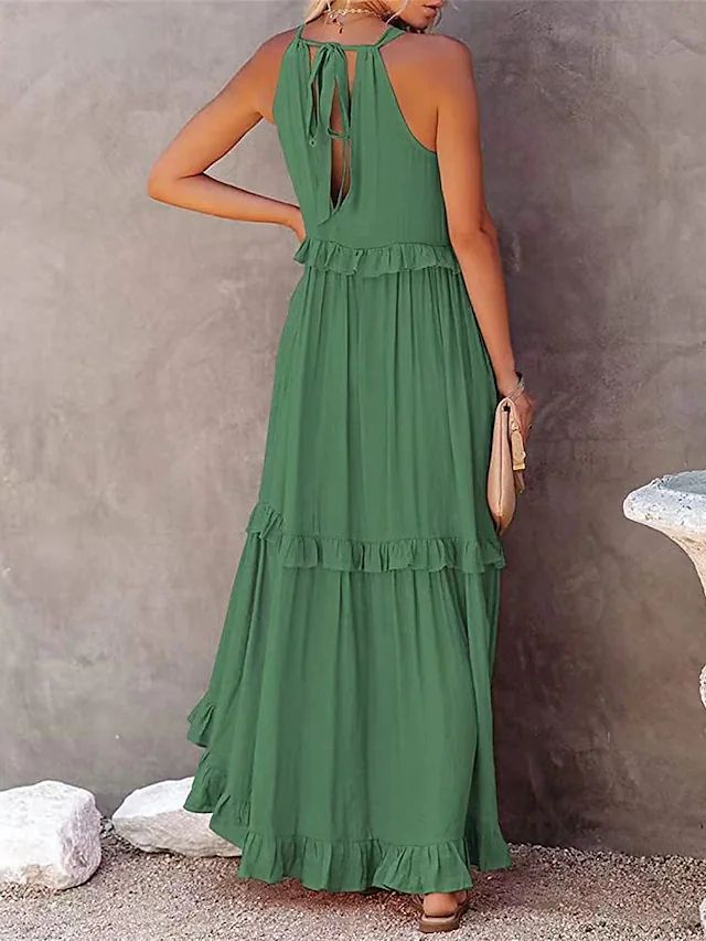 Summer Vacation Style Halter Neck Long Dresses Women Fashion Backless Leace-up Loose Ruffles Beach Dress Elegant Ladies Vestidos – Image 7