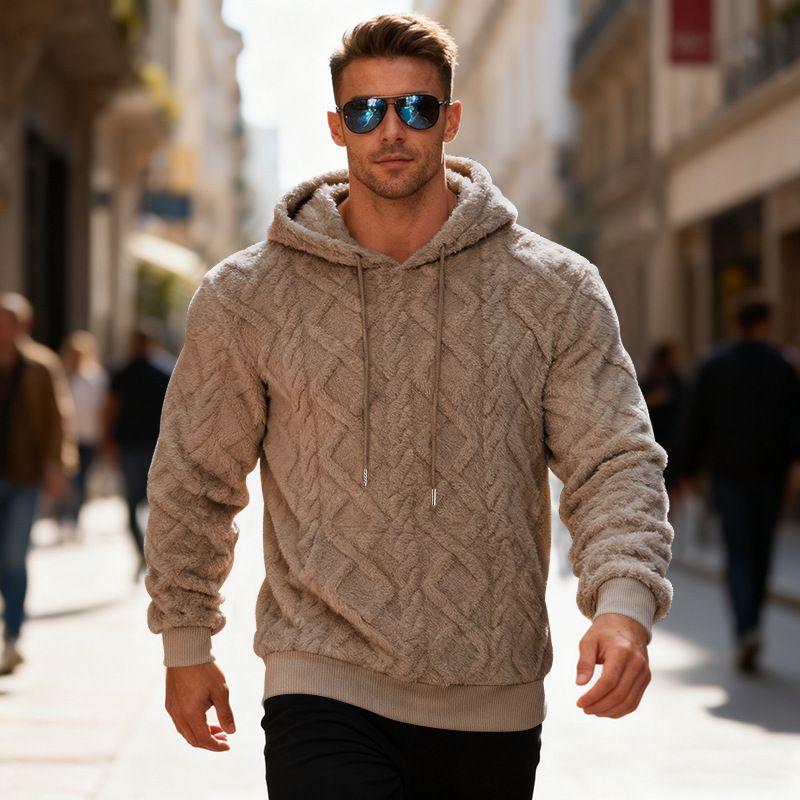 Plush Hooded Sweatshirt Winter Warm Long-sleeved Pullover Top Men's Casual Solid Color Fleece Hoodie Clothing – Image 10