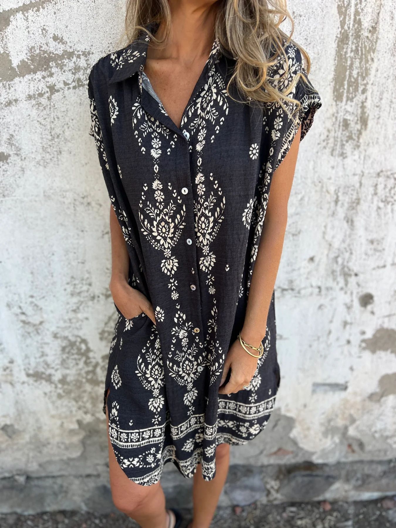 Loose Lapel Sleeveless Shirt Dress With Button Fashion Ethnic-style Printed Button Dresses For Beach – Image 4