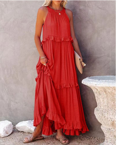 Summer Vacation Style Halter Neck Long Dresses Women Fashion Backless Leace-up Loose Ruffles Beach Dress Elegant Ladies Vestidos – Image 2