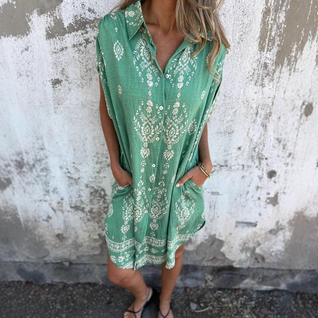 Loose Lapel Sleeveless Shirt Dress With Button Fashion Ethnic-style Printed Button Dresses For Beach – Image 3