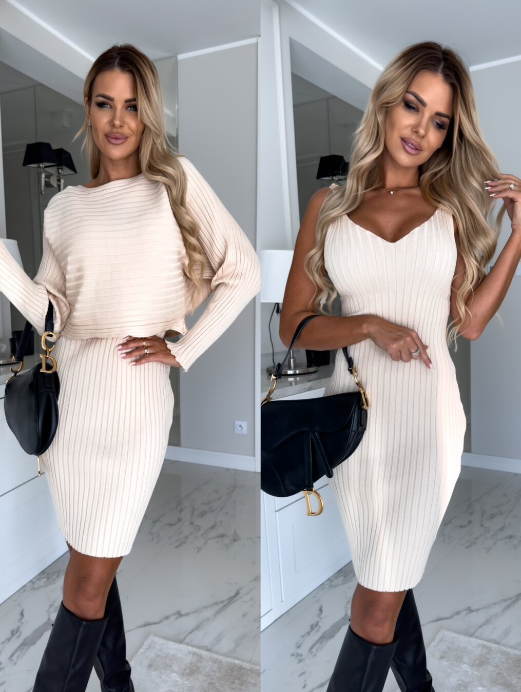 2pcs Suit Women's Solid Stripe Long-sleeved Top And Tight Suspender Skirt Fashion Autumn Winter Slim Clothing – Image 7