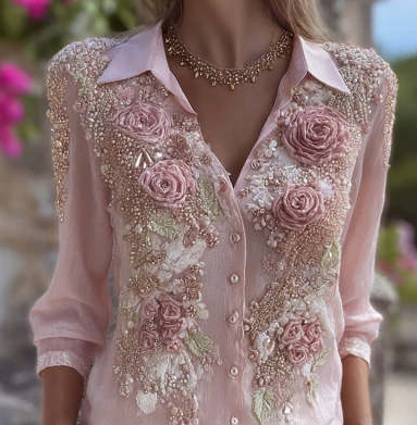 Womens Retro Bohemian Rose-Embroidered Loose Linen Shirt – Image 4